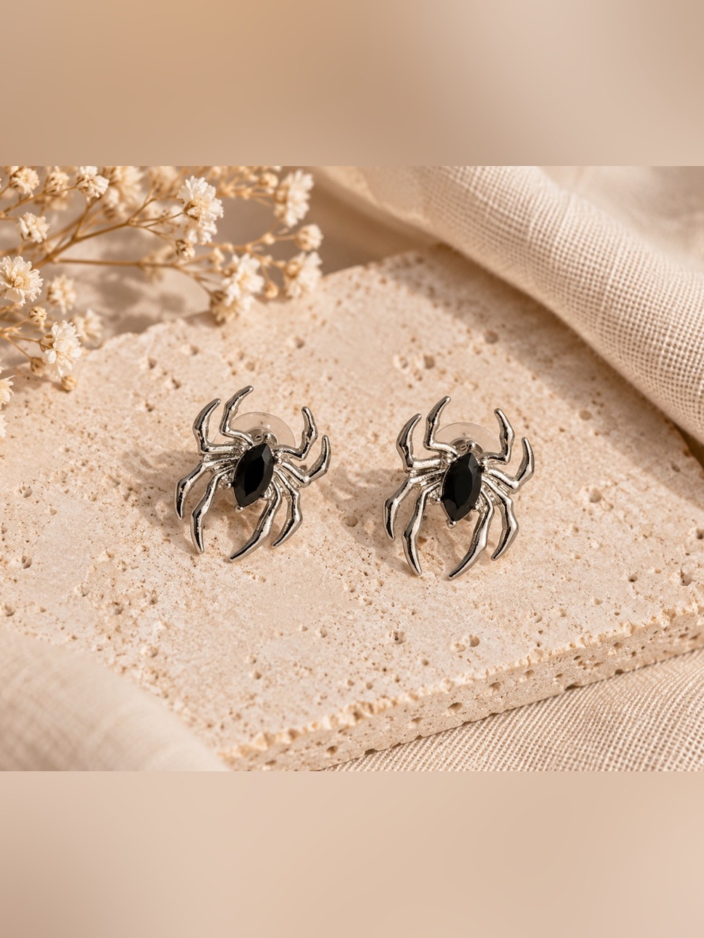 Anthropologie Silver Spider Stud Earrings with Black Stones